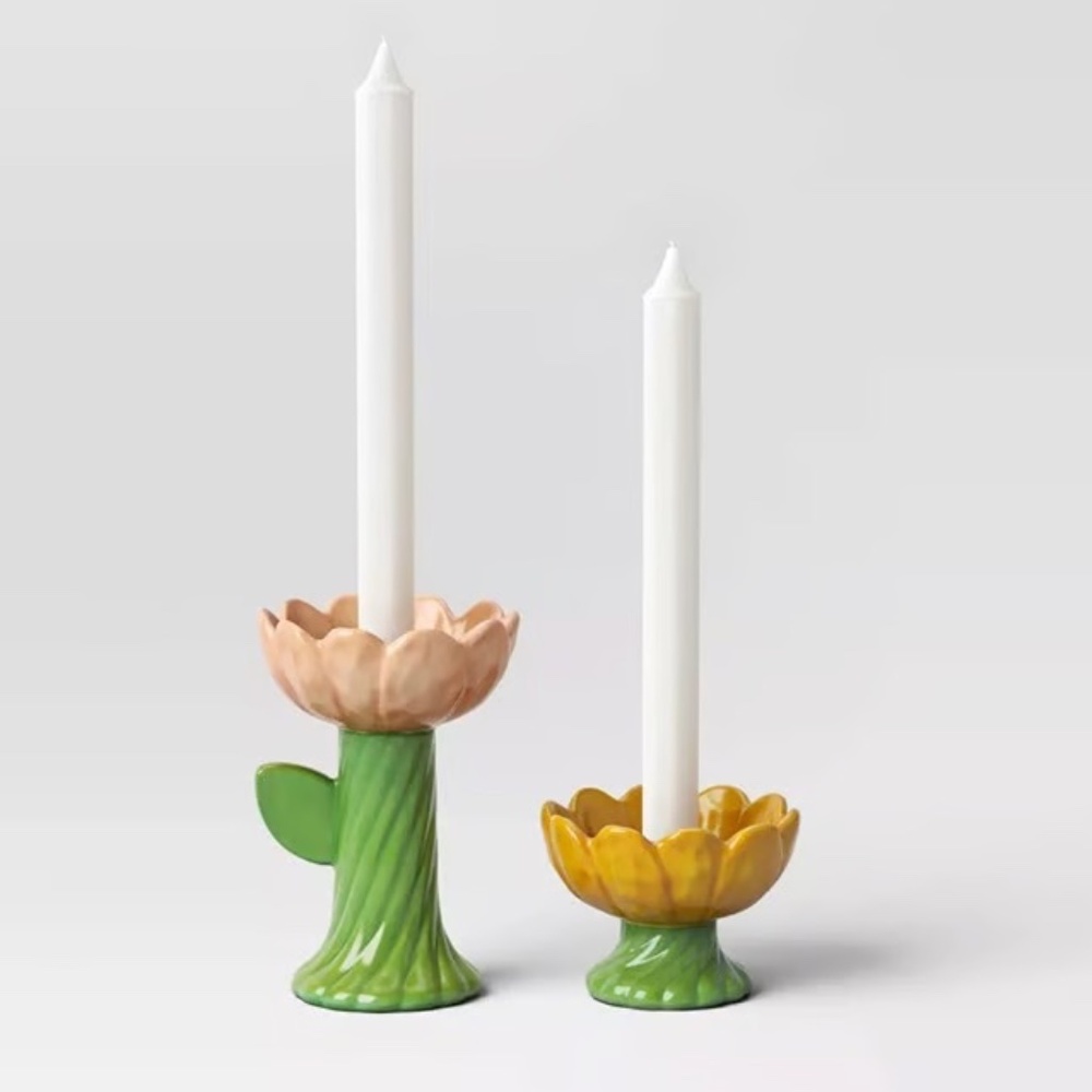 NWT Threshold Flower Ceramic Candelabra Cactus Flower Candle Holders set Spring